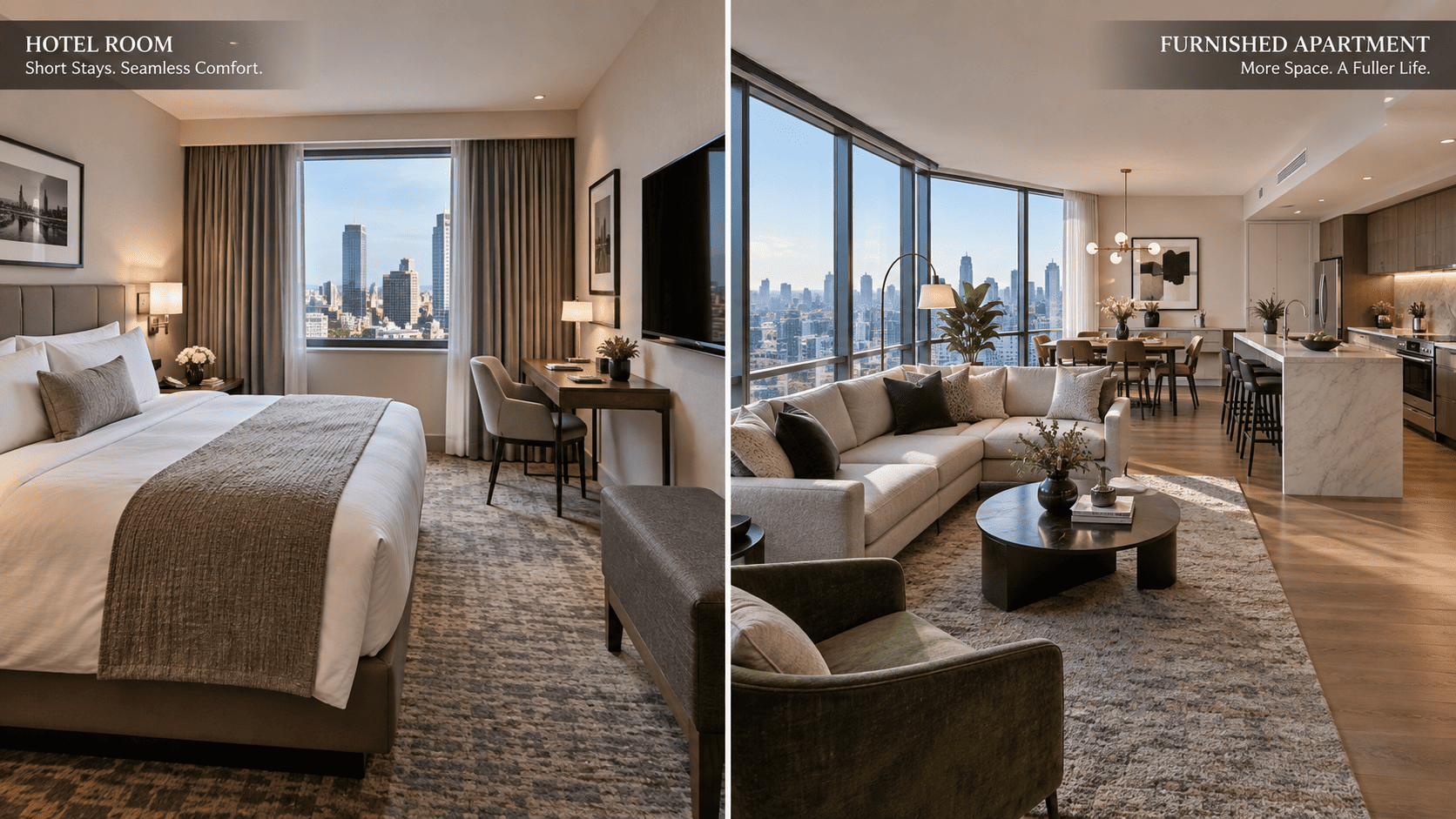 Hotel vs apartment comparison showing differences in space, layout, and comfort for short-term stays