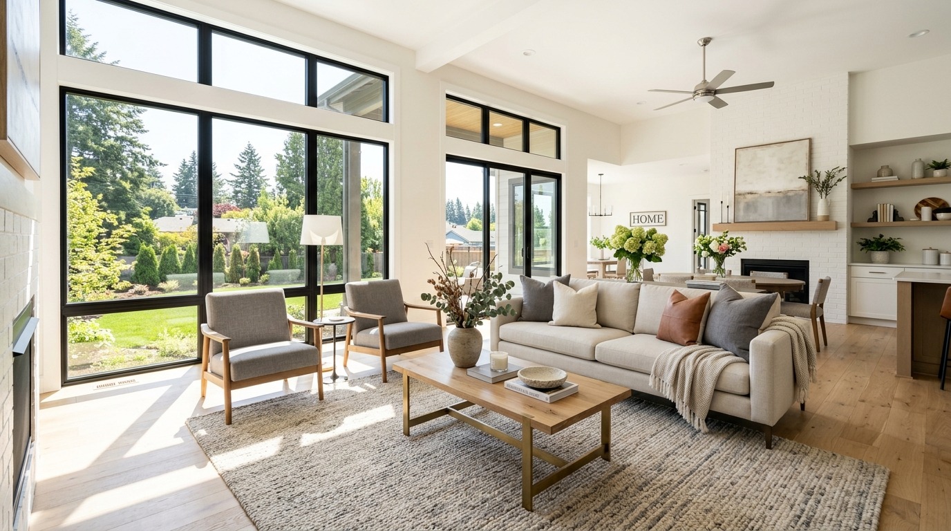 A wide editorial real estate photograph of a light-filled living room staged for an open house. Features a clean-lined neutral sofa, elegant coffee table, warm textured area rug, and tasteful modern decor. 